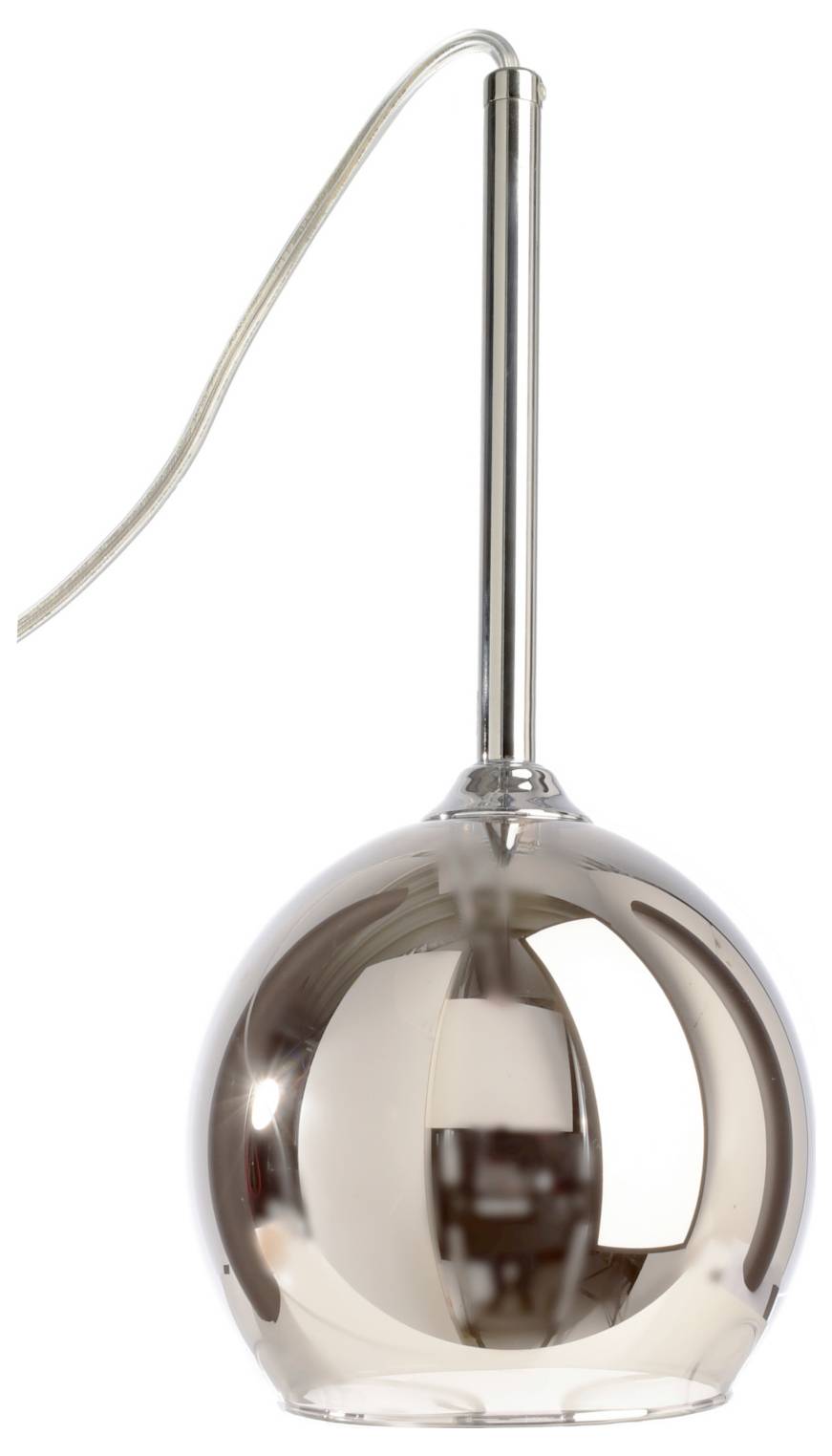 Moderne Pendelleuchte mit verchromter Stange und glänzendem, verspiegeltem Glasglobus, hängend vor einem schlichten weißen Hintergrund dargestellt.