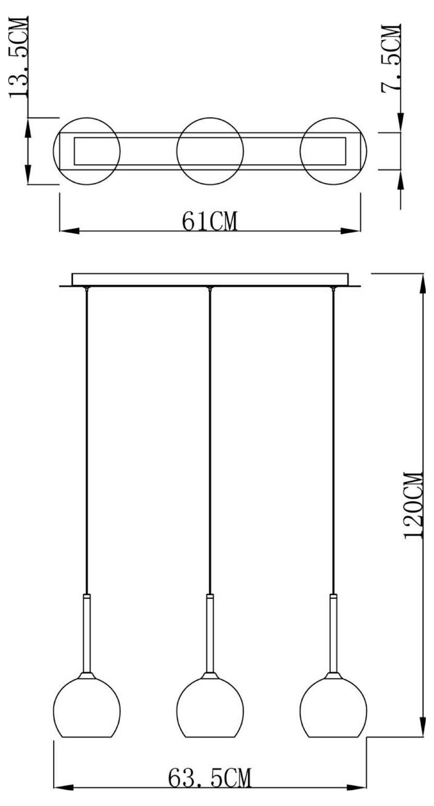 Technische Zeichnung einer Pendelleuchte mit drei Lichtquellen und den Maßen: 61 cm breit, 120 cm hoch, 63,5 cm Gesamtbreite sowie Montagedetail 13,5 cm × 7,5 cm.
