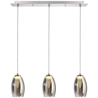 Drei hängende Lampen mit metallischen Glasschirmen, die warmes Licht leuchten. Sie sind an einer rechteckigen Deckenhalterung befestigt.