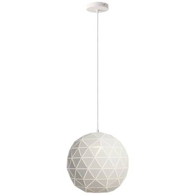 Weiße Pendelleuchte mit geometrischem Muster hängt von der Decke.