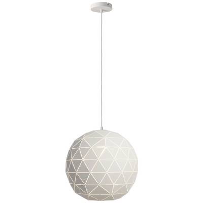 Weiße, kugelförmige Hängelampe mit geometrischem Muster, hängt an einem dünnen Kabel von der Decke.