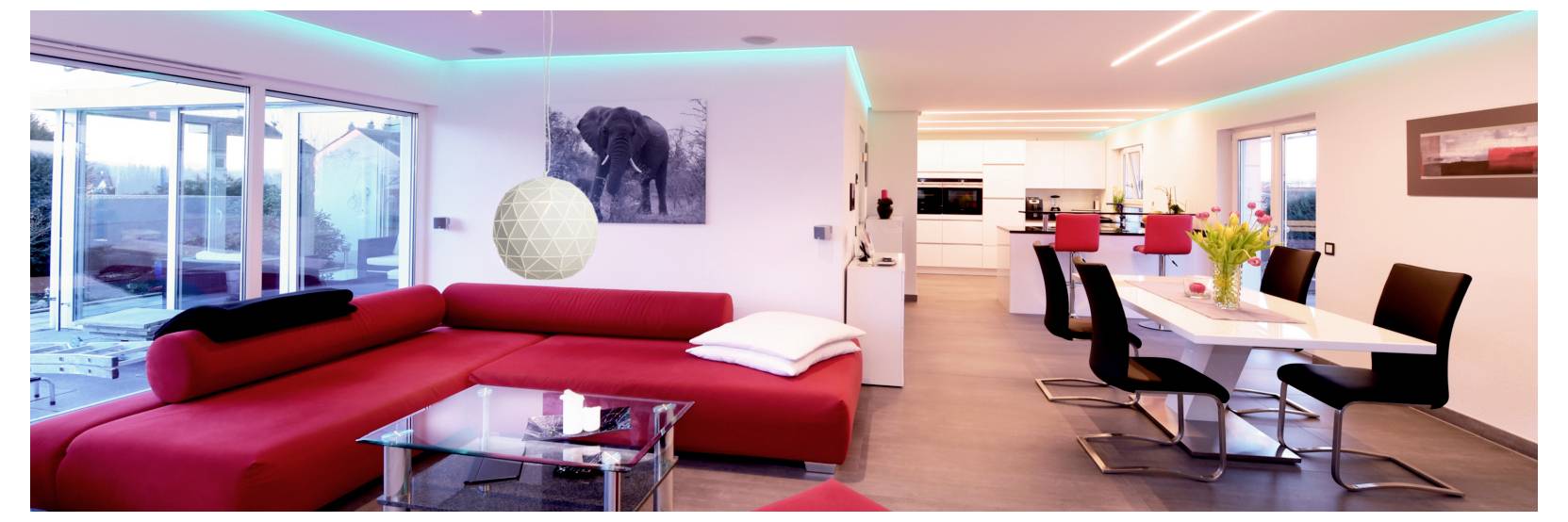 Modernes offenes Wohn- und Esszimmer mit einem roten Ecksofa, einem Glas-Couchtisch, schwarzen Esszimmerstühlen und einer hellen Küche im Hintergrund.