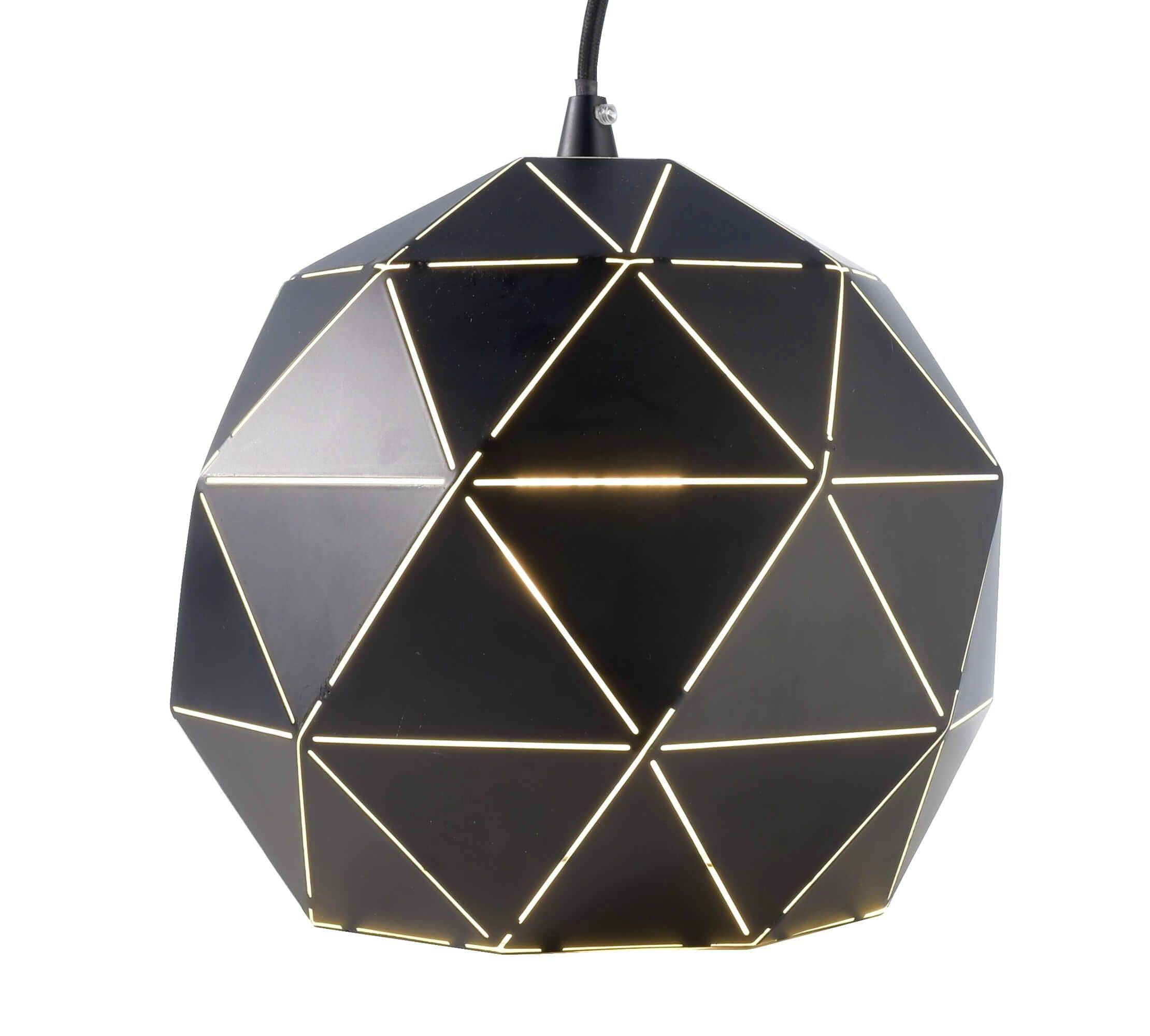 Eine moderne, schwarze Hängelampe in dodekaedrischer Form mit leuchtenden Linien an den Kanten, die geometrische Muster bilden.