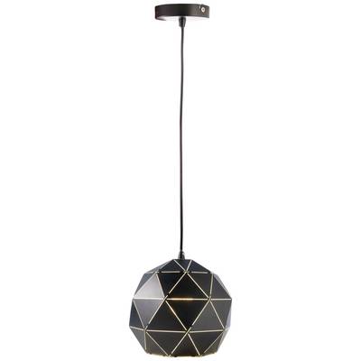 Hängelampe mit schwarzem, geometrischem Schirm und goldenen Akzenten.