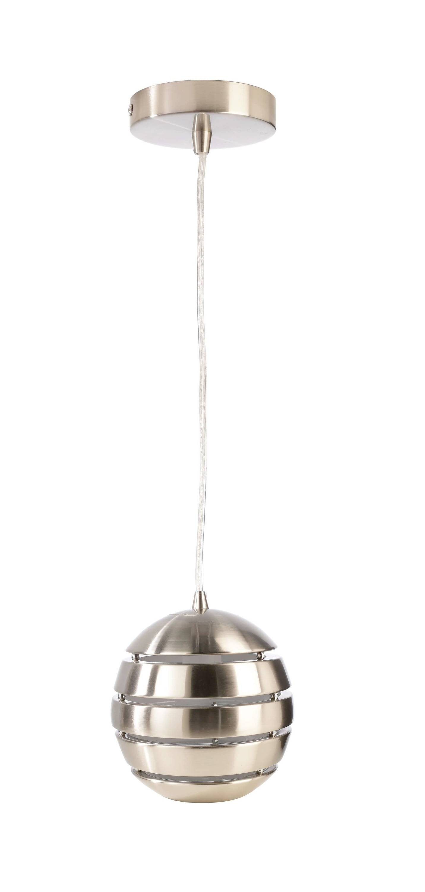Eine moderne, hängende Metalllampe in Eierform mit einem schlichten Design und einem glänzenden Finish.