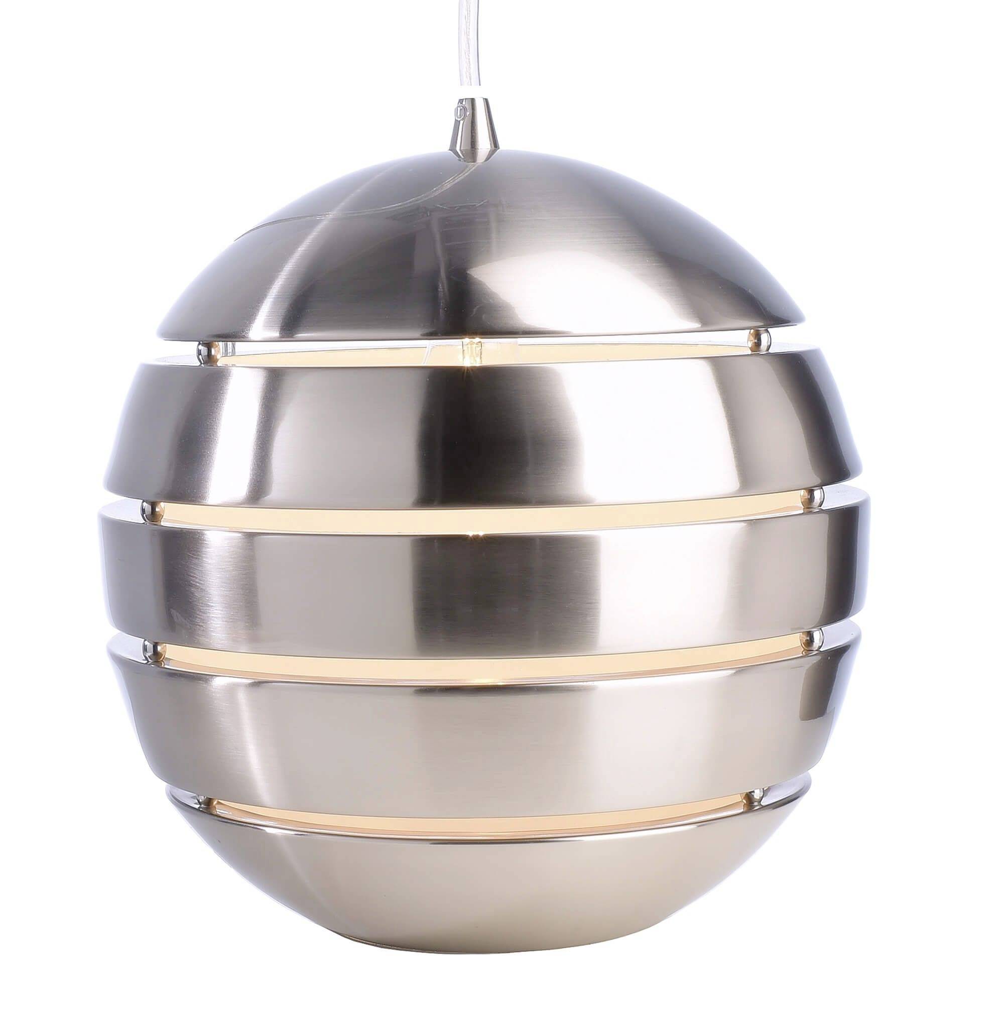Elegante, runde Pendelleuchte aus gebürstetem Metall mit horizontalen Lichtstreifen. Modernes Design, ideal für stilvolle Raumbeleuchtung.