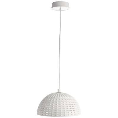 Weiße, hängende Deckenlampe mit gitterartigem Schirm. Elegant und modern, geeignet für zeitgenössische Wohnräume.