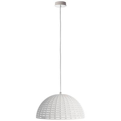 Weiße Hängeleuchte mit halbkugelförmigem Schirm und offenem Gitterdesign, an einem dünnen Kabel befestigt.