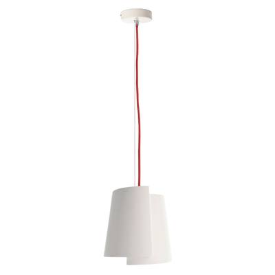 Hängelampe mit zwei überlappenden, weißen Schirmen und rotem Kabel, modern und minimalistisch gestaltet.