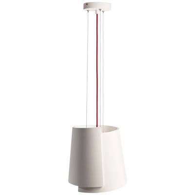 Eine moderne weiße Hängelampe mit einem roten Kabel und drei dünnen Drähten, die den Lampenschirm an einer weißen Halterung befestigen.