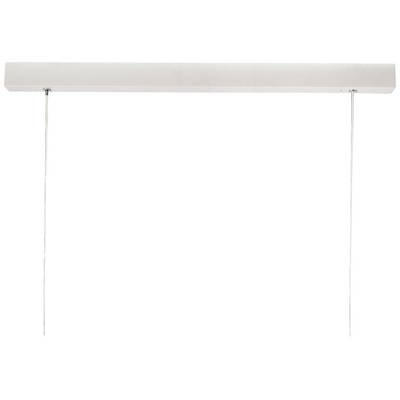 Weiße, rechteckige LED-Pendelleuchte mit zwei dünnen Aufhängungen, schlichtes, modernes Design.