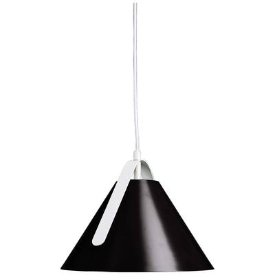 Eine schwarze Hängelampe mit weißem Kabel und dekorativem Halterungsbügel, geeignet für modernes Wohnambiente.