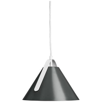 Schwarze Pendelleuchte mit konischem Schirm und weißem Aufhängungselement, an einem Kabel hängend.