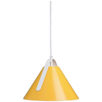 Orangefarbene, konische Hängelampe mit weißem Kabel und Halterung. Ideal für moderne Wohnräume oder Esszimmerbeleuchtungen.