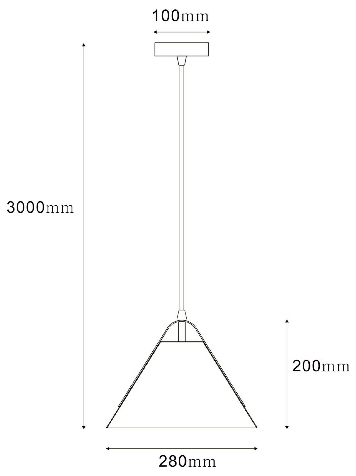 Maßzeichnung einer hängenden Pendelleuchte, 3000 mm hoch insgesamt, 280 mm breit am Schirmfuß, 200 mm Schirmhöhe und 100 mm obere Breite.