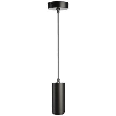 Eine schwarze zylindrische Pendelleuchte mit langem Kabel und runder Deckenhalterung.