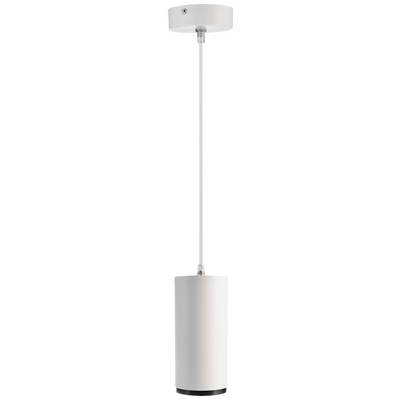 Weiße zylindrische Hängelampe mit schlichtem Design und dünnem weißen Kabel, geeignet für moderne Innenräume.