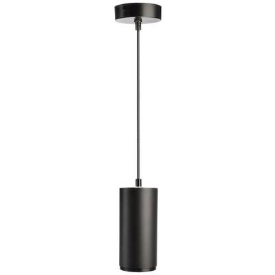 Eine zylindrische, schwarze Hängeleuchte mit schlichtem Design, hängt an einem dünnen Kabel, geeignet für moderne Innenräume.