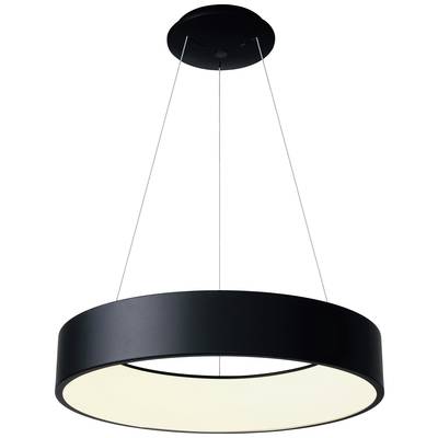 Schwarze, runde Deckenleuchte mit drei Aufhängungen. Der Lampenschirm strahlt weiches, warmes Licht aus. Ideal für modernes Interieur.