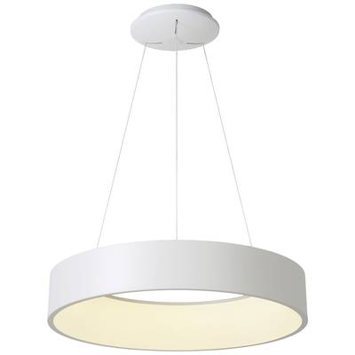 Eine moderne, hängende Deckenleuchte in Weiß mit rundem, schalenförmigem Design, die diffuses, warmes Licht abgibt.