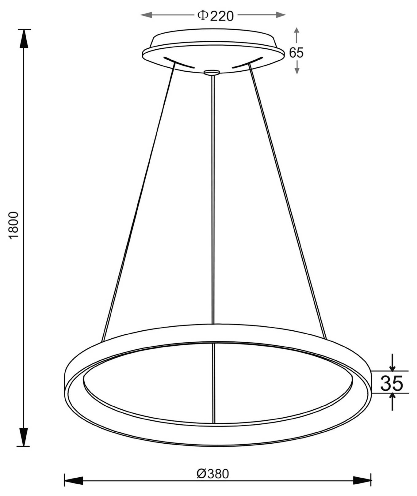 Technische Zeichnung einer Pendelleuchte mit folgenden Abmessungen: 1800 mm Höhe, 220 mm oberer Durchmesser, 380 mm Durchmesser des unteren Rings, 65 mm Höhe des oberen Teils, 35 mm Tiefe des Rings.