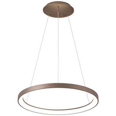 Runde, moderne Hängelampe aus Kupfer mit LED-Licht, aufgehängt an dünnen Drähten. Minimalistisches Design, geeignet für zeitgenössische Räume.