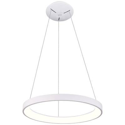Runde, weiße Pendelleuchte mit moderner LED-Technologie, an drei Kabeln befestigt. Ideal für zeitgenössische Innenräume.