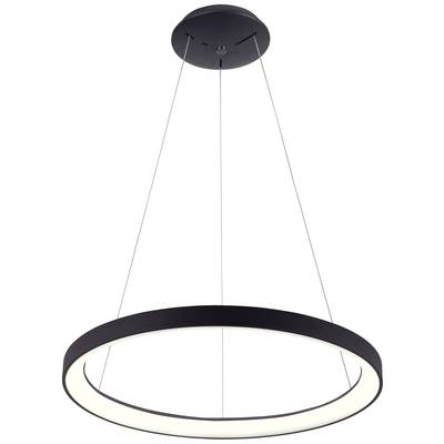Runde, schwarze LED-Hängeleuchte mit einem minimalistischen Design. Sie hängt an dünnen Kabeln von der Decke.