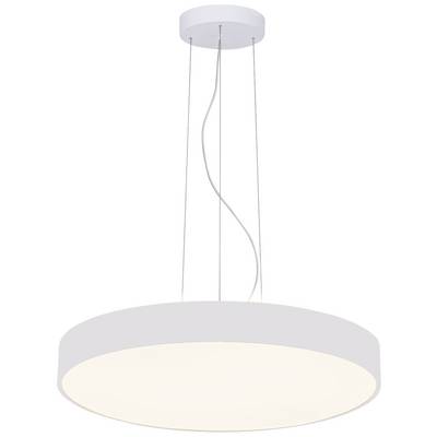 Weiße, runde Pendelleuchte mit schlichtem Design, an dünnen Kabeln aufgehängt. Emitiert gleichmäßiges Licht, ideal für moderne Räume.