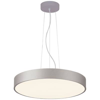 Moderne Hängelampe mit rundem, metallischem Schirm in Silber, von der Decke hängend. Ideales Design für zeitgemäße Wohnräume.