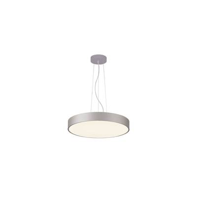 Hängeleuchte mit modernem, rundem Design in Silber, leuchtet hell. Minimalistische Ästhetik, ideal für zeitgenössische Räume.