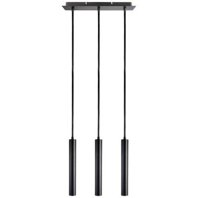Drei schwarze, zylindrische Pendelleuchten hängen von einer rechteckigen Deckenplatte herab. Minimalistisches Design für moderne Räume.