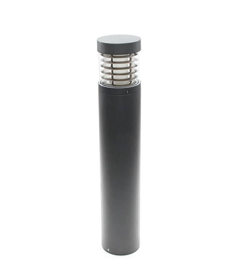 Eine schwarze Außenleuchte mit modernem Design. Sie hat einen zylindrischen Körper und einen silbernen Ringgitter-Schirm oben.
