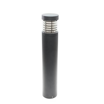 Eine moderne, schwarze Außenleuchte in zylindrischer Form mit einem Gitteraufsatz für diffuses Licht, geeignet für Wege oder Gärten.