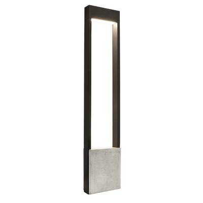 Moderne Außenleuchte mit rechteckigem Design, schwarzem Aluminiumrahmen und Betonfuß. Oben befinden sich LED-Lichtstreifen.