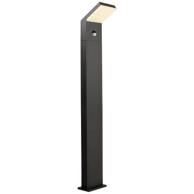 Eine schwarze Außenleuchte mit quadratischem Sockel und abgewinkeltem, leuchtendem Kopf; ideal für Gartenwege oder Eingänge.