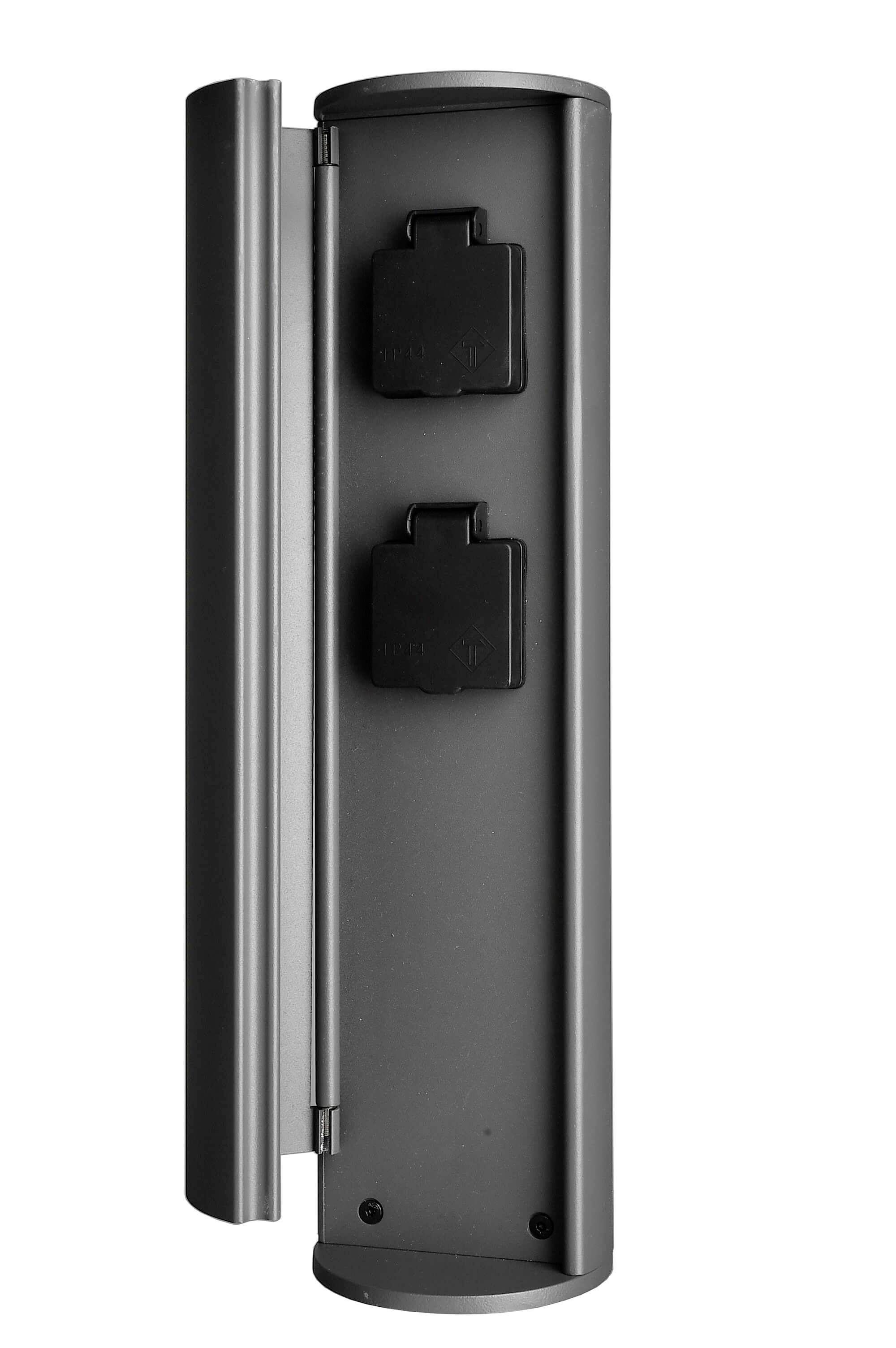 Schwarze Steckdosenleiste mit zwei Steckdosen an einer vertikalen Halterung. Geeignet zur Wandmontage, modern und schlichtes Design.