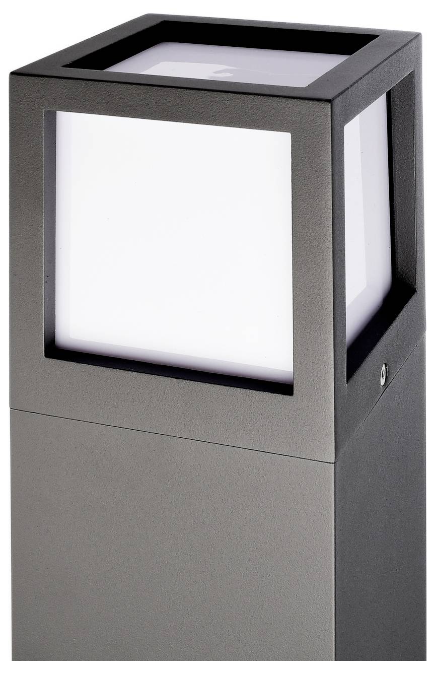 Moderne, quadratische Außenwandleuchte mit dunkelgrauem Metallrahmen und mattweißen Diffusoren auf mehreren Seiten