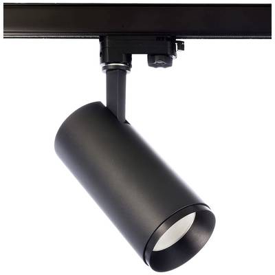 Schwarzer zylindrischer LED-Spot an einer Schiene montiert, geeignet zur gezielten Beleuchtung von Innenräumen.