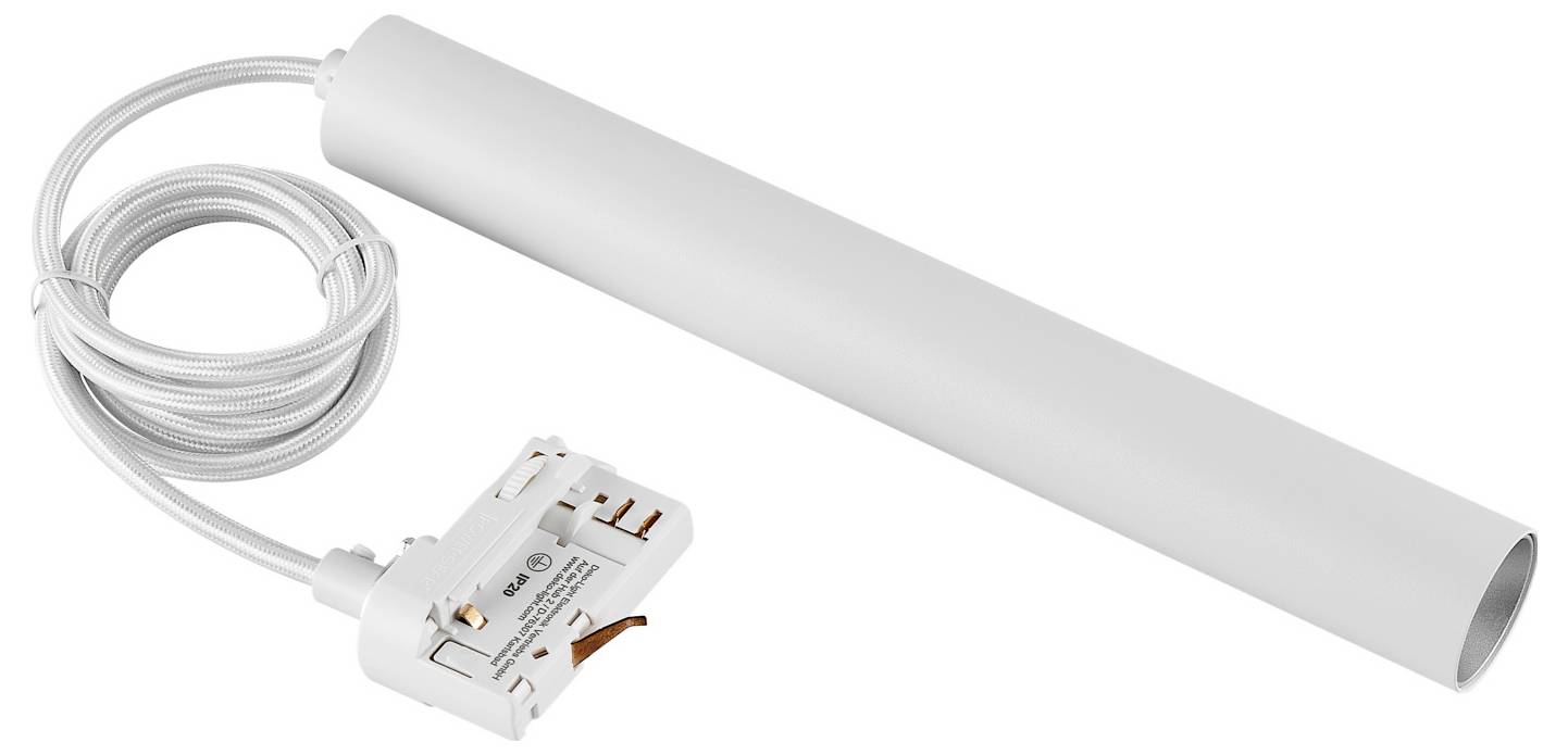 Weiße lineare LED-Leuchte mit langem zylindrischem Gehäuse, angeschlossenem weißen Kabel und separatem Treibermodul auf neutralem Hintergrund.