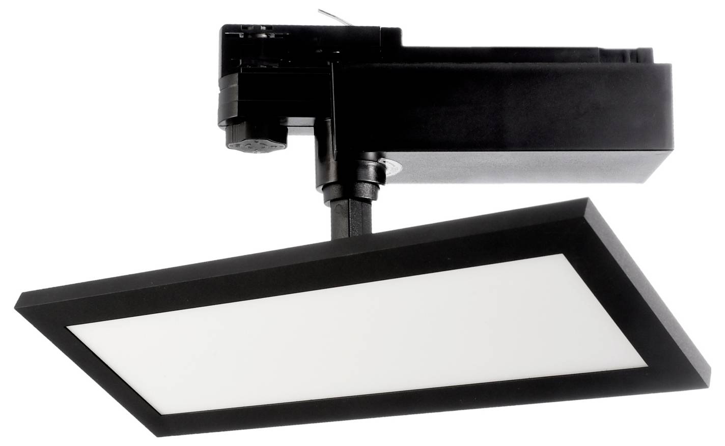 Schwarze, deckenmontierte rechteckige LED-Leuchtplatte mit verstellbarem Arm auf weißem Hintergrund.
