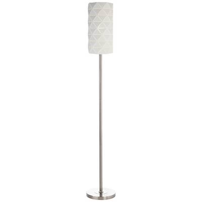 Stehlampe mit silbernem Ständer und cremefarbenem, geometrisch gemusterten Lampenschirm, geeignet für moderne Inneneinrichtung.