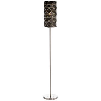 Stehlampe mit silbernem Ständer und schwarzem Schirm mit goldenen rautenförmigen Mustern.