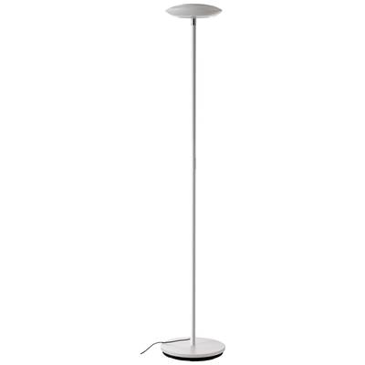 Stehlampe mit schlankem weißen Ständer und rundem Lampenschirm. Kabel verläuft am Boden entlang.