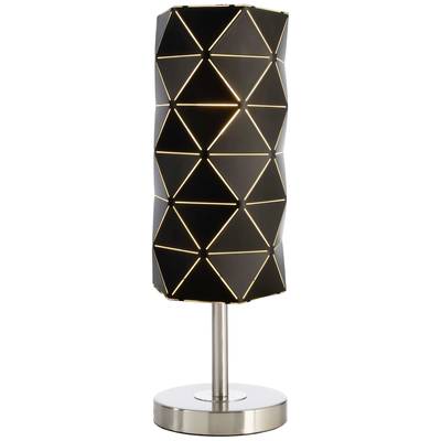 Eine moderne Tischlampe mit geometrischem Design aus dunklem Metall und einem Muster aus leuchtenden Dreiecken auf einem silbernen Sockel.