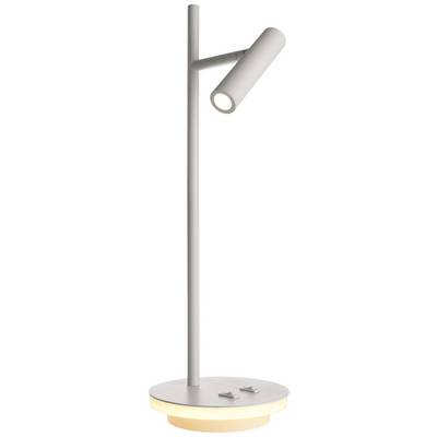 Eine moderne, minimalistische Tischlampe mit zylindrischem Leuchtkopf auf schlankem Gestell. Die Basis enthält zwei kleine Schalter.