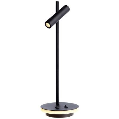 Schwarze, moderne Tischleuchte mit zylindrischem Strahler auf vertikaler Stange und rundem Sockel, minimalistisch und stilvoll.