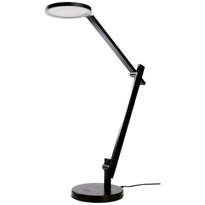 Moderne schwarze Schreibtischlampe mit verstellbarem Arm und rundem Lampenkopf auf rundem Sockel.