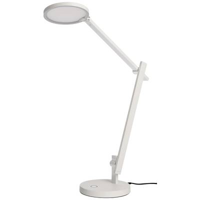 Eine moderne, weiße Schreibtischlampe mit kreisförmigem Leuchtkopf und schlankem, verstellbarem Arm, stehend auf einem runden Sockel.