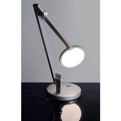 Moderner Tischlampe mit verstellbarem Arm und rundem, leuchtendem Lampenschirm auf einem dunklen Tisch, minimalistisch gestaltet.